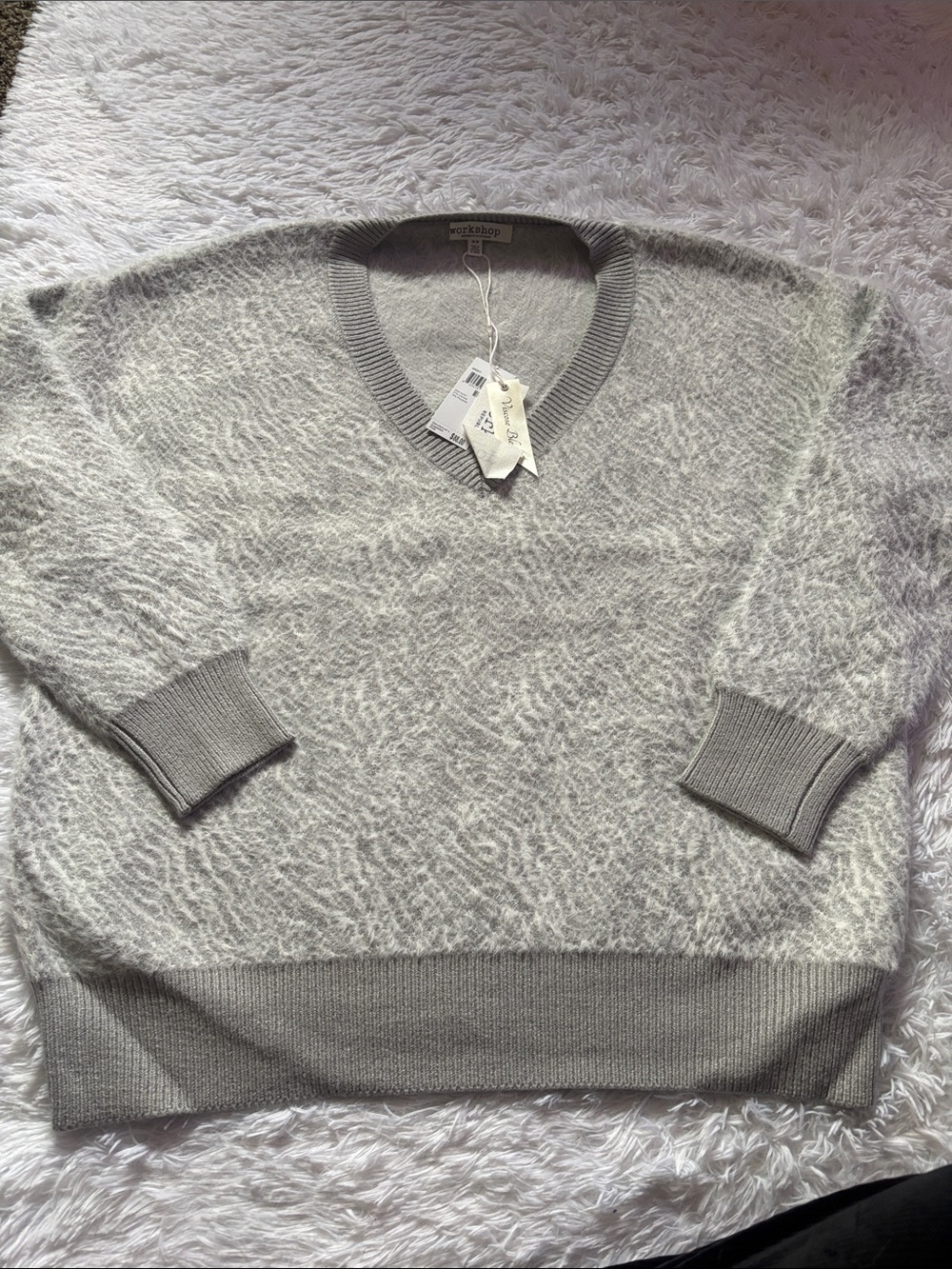 NWT Workshop Republic Clothing Grey/Ivory Animal Print Fuzzy V-Neck Sweater M